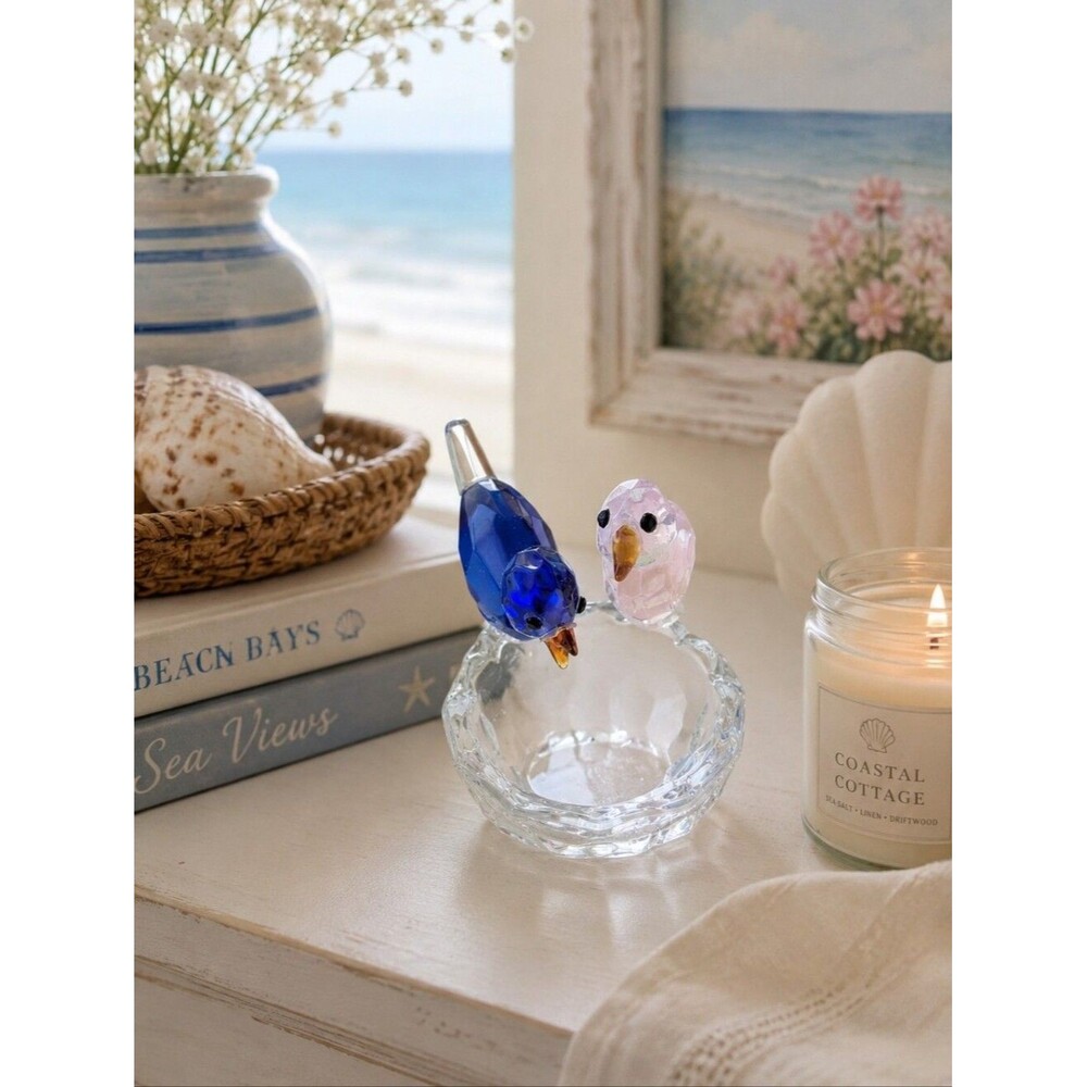 Coastal Cottage CLear Glass Bird Bath Blue and Pink Home Decor Whimsy Fairy